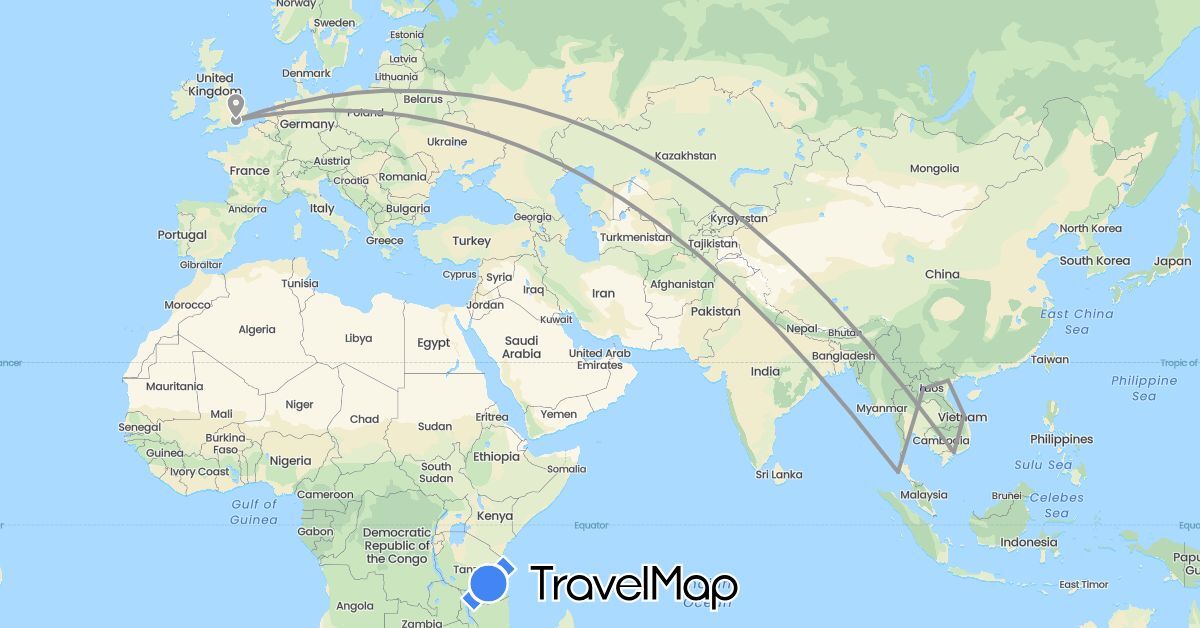 TravelMap itinerary: driving, plane in United Kingdom, Laos, Thailand, Vietnam (Asia, Europe)